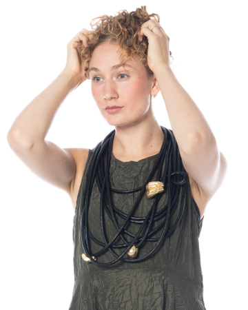 maria calderara, faux leather necklace with gold spheres