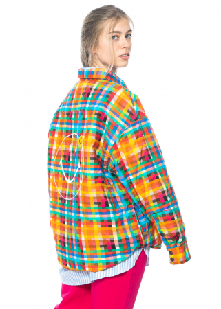 JOSHUAS, colorful plaid flannel puffer with pockets with smiley