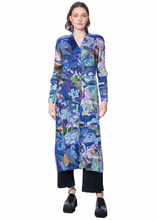 PLEATS PLEASE ISSEY MIYAKE, long colorful coat to button up AURORA JUNGLE blue