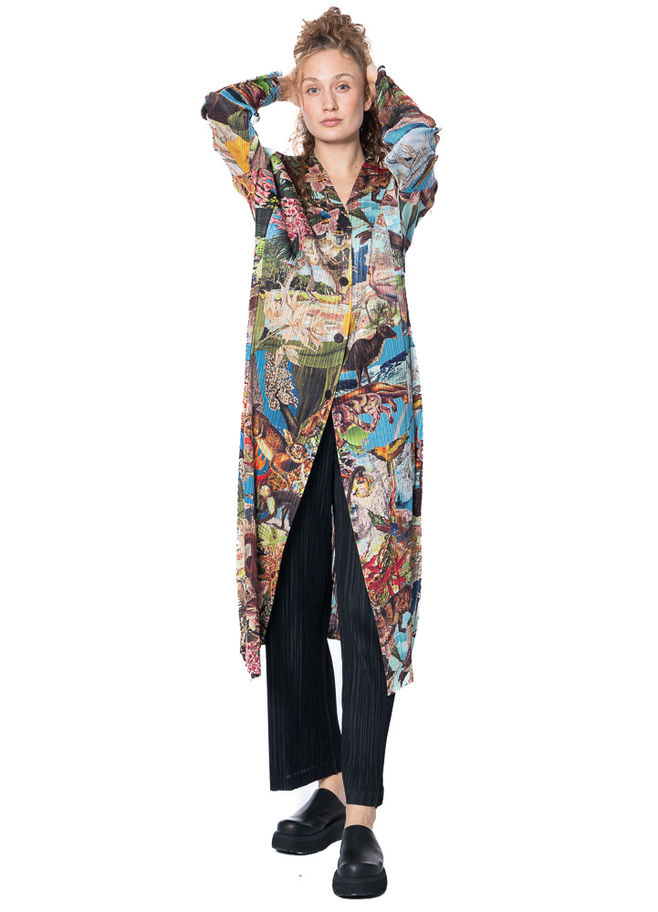 PLEATS PLEASE ISSEY MIYAKE, long colorful coat to button up AURORA JUNGLE  multi