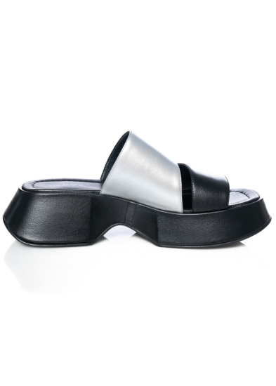 VIC MATIÉ, two-tone platform mules in silver and black